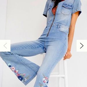 Driftwood Zipper Denim Jumpsuit w/ Flared Legs